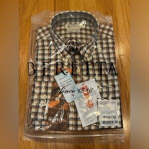 Beretta Wood Button Down Shirt Beige Rust Check Size XL